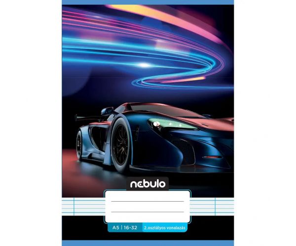 Nebulo: Spajalica bilježnica za 2. razred, A5, 16-32, s uzorkom automobila.