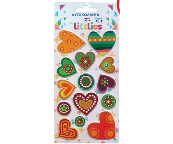 The Littlies: Set naljepnica s 3D pufastim šarenim srcima na listu veličine 10x22 cm