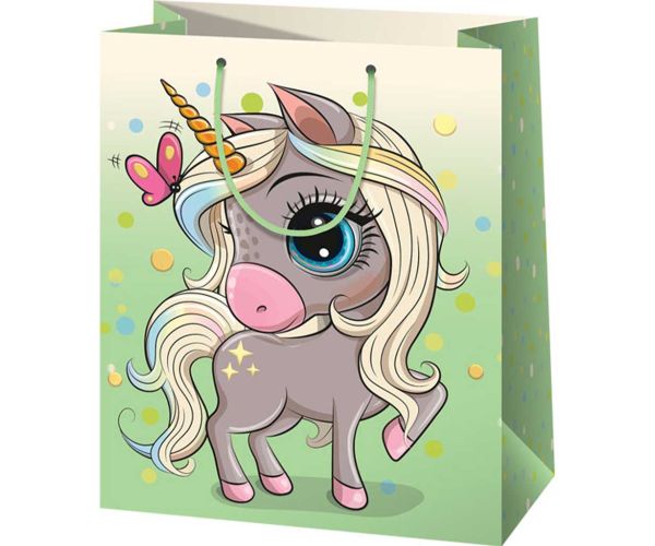 Zelena ekskluzivna velika torba za poklone s uzorkom jednoroga 26x13x33cm