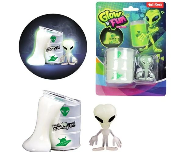 GlowN Fun Slime Alien: Fluorescentni slime trutnja u uljnoj bačvi s figurom vanzemaljca