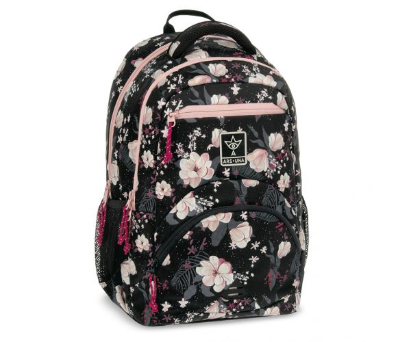 Ars Una: Flowery Black cvjetni ergonomski školski ruksak, 33x45x24cm