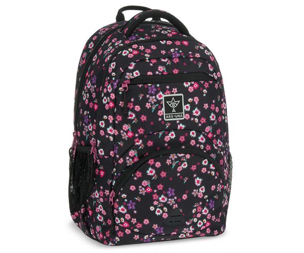 Ars Una: Pearl Blossom Black cvjetni ergonomski školski ruksak, 33x45x24cm