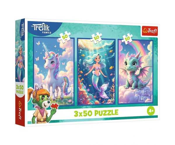 Színes mesevilág – 3 x 50 db-os puzzle unikornissal, sellővel és sárkánnyal – Trefl