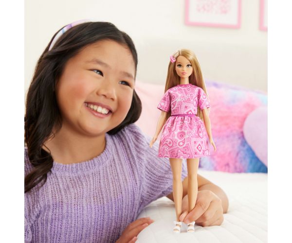 Barbie: Fashionista Prijateljice - stilska modna lutka u ružičastoj haljini s uzorkom marame - Mattel