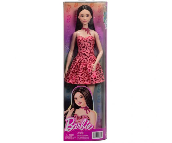 Barbie: Fashionista Barátnők barna hajú stílusos divatbaba leopárdmintás ruhában – Mattel