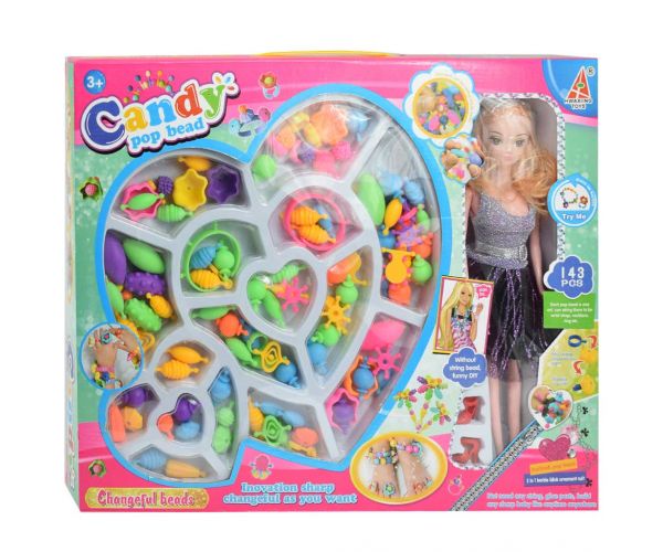 Candy PopBead: Set perli za izradu nakita od 143 komada s lutkom, perlama u boji, prstenjem i dodaci