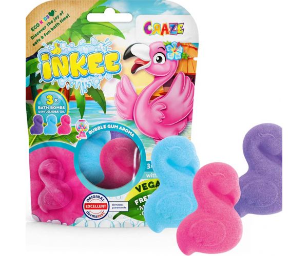 Craze Inkee: Set od 3 veganskih bombi za kupanje flamingo s mirisom žvakaće gume