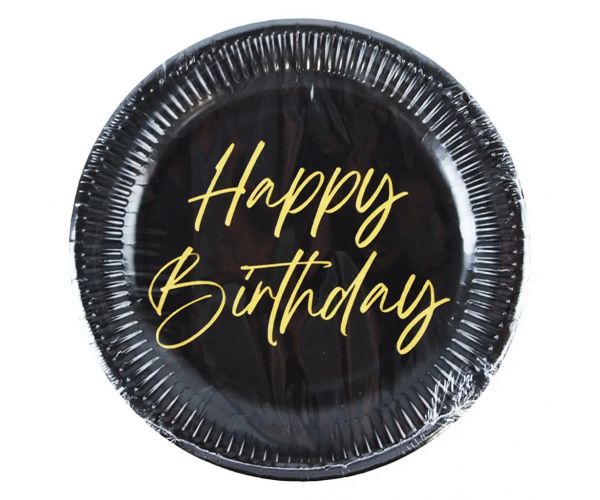 Elegáns fekete-arany színű szülinapi "Happy Birthday" feliratú papírtányér 8db-os szett 23cm