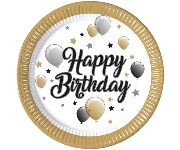 Elegáns szülinapi „Happy Birthday” feliratú papírtányér 8db-os szett