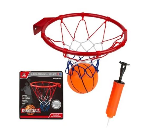 Set metalnih košarkaških prstenova s ​​mrežom u boji, loptom i pumpom, 22 cm