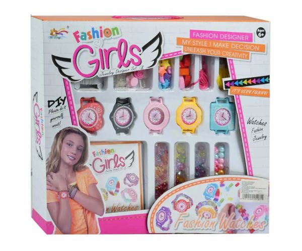 Fashion Girls: Karóra készítő gyöngyszett színes gyöngyökkel, 5db órával és kiegészítőkkel