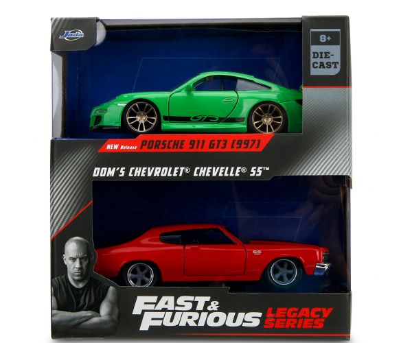 Fast & Furious Legacy Series – Dom Chevrolet Chevelle SS és Porsche 911 GT3 (997) fém autómodell szett - Jada Toys