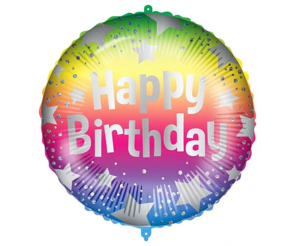 Szülinapi fólia lufi – „Happy Birthday” felirattal, szivárványszínű csillagos mintával 46cm