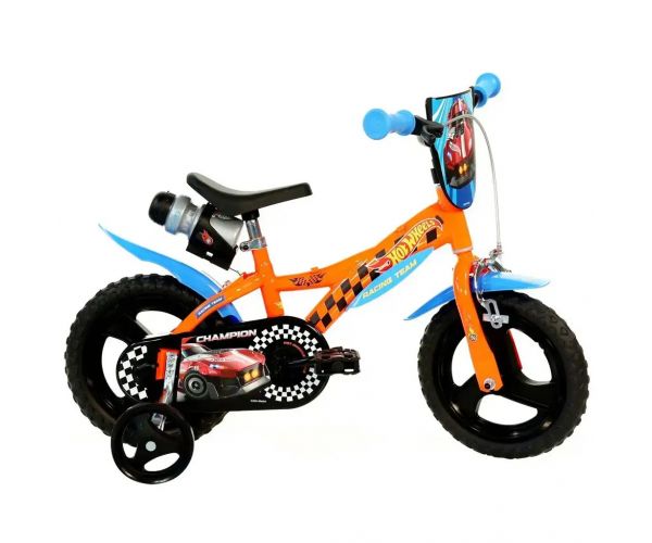 Hot Wheels 12” gyerek bicikli kulacstartóval és oldalkerekekkel narancssárga-fekete színben – Dino Bikes kerékpár