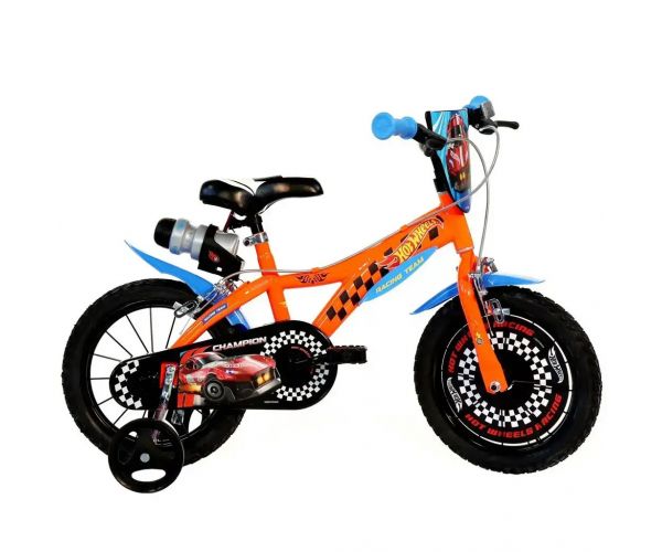 Hot Wheels 14” gyerek bicikli kulacstartóval és oldalkerekekkel narancssárga-fekete színben – Dino Bikes kerékpár