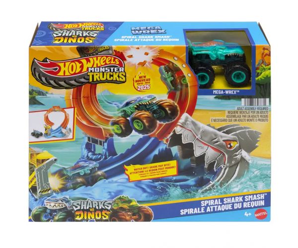 Hot Wheels Monster Trucks: Spiral Shark Smash pályaszett Mega-Wrex kisautóval – Mattel