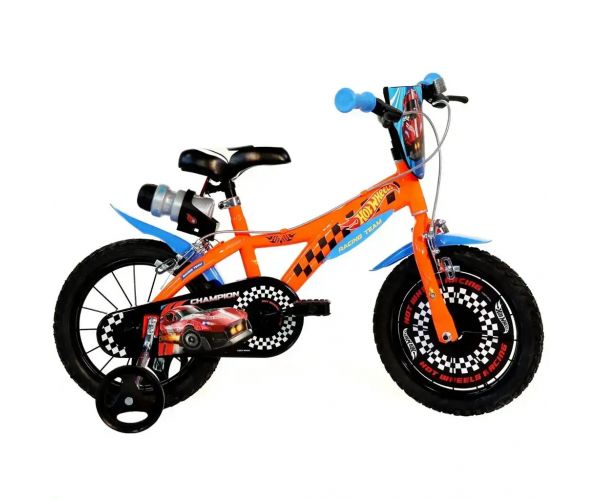 Hot Wheels 16” gyerek bicikli kulacstartóval és oldalkerekekkel narancssárga-fekete színben – Dino Bikes kerékpár