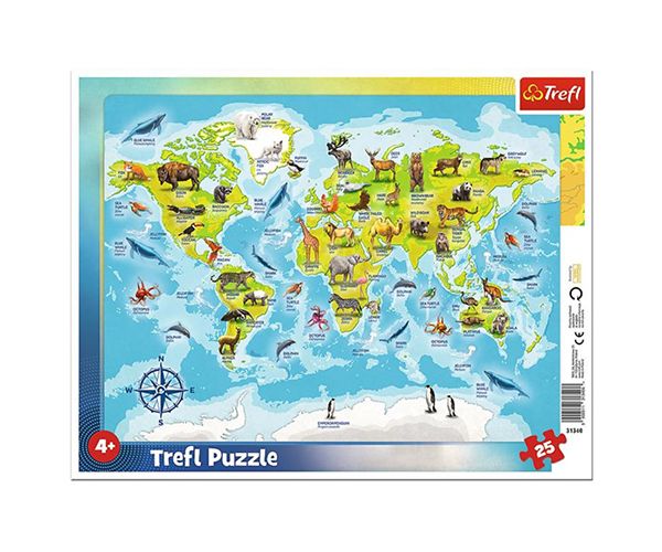 Karta svijeta sa životinjama puzzle sa okvirom 25kom - Trefl
