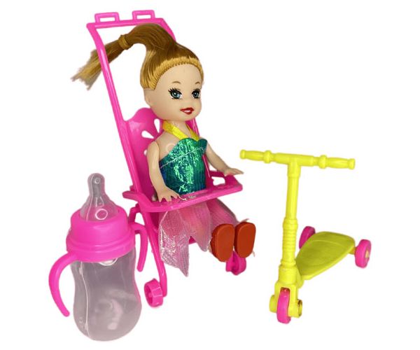 Katie: Sandra baby pink s kolicima, romobilom i dječjom bočicom 10 cm