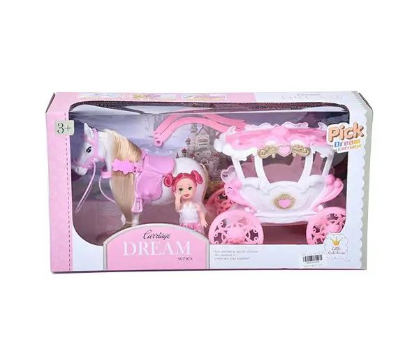 Álom hintó szett lóval és 7,5cm-es babával pink-fehér színben