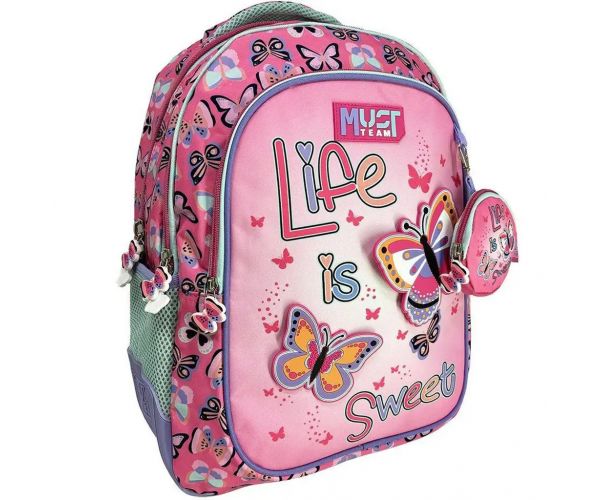 Luna: Must Team pillangós lekerekített 3 rekeszes iskolatáska, hátizsák 32x18x43cm