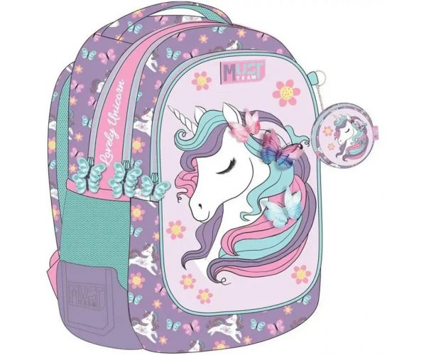 Luna: Must Team Unikornis lekerekített 3 rekeszes iskolatáska, hátizsák 32x18x43cm