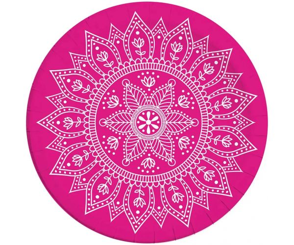 Mandala fuksija-bijeli set od 8 papirnatih tanjura 23 cm