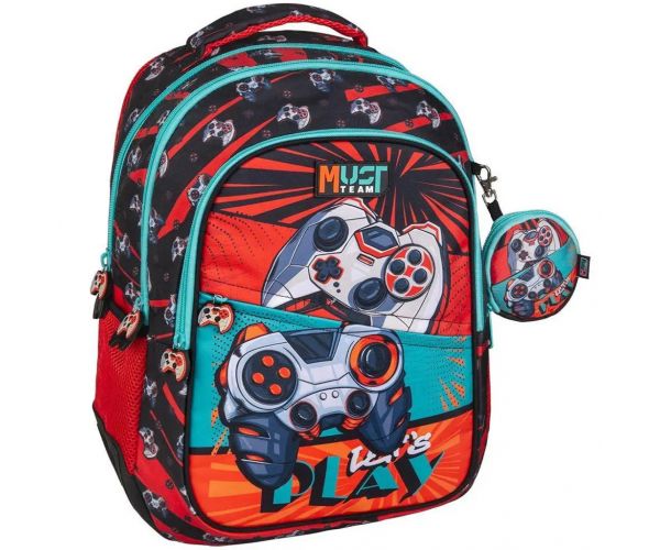 Luna: Must Team Gamer lekerekített 3 rekeszes iskolatáska, hátizsák 32x18x43cm
