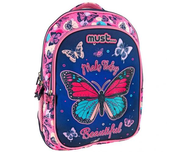 Must: Školska torba s tri pretinca s uzorkom leptira, ruksak 32x18x43cm