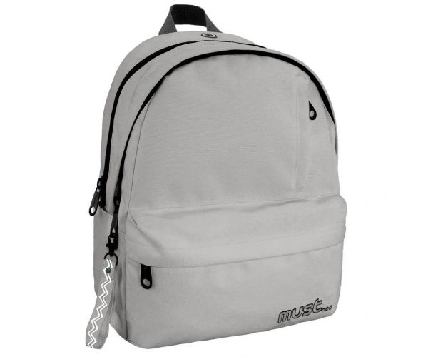 Must: Zaobljeni sivi školski ruksak s četiri pregrade, veličine 32x19x42cm.