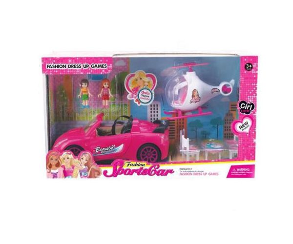 Pink sportski automobil sa helikopterom i dodacima