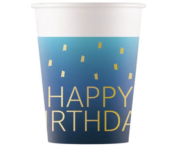 Kék színű szülinapi "Happy Birthday" feliratú papírpohár 8db-os szett 200ml