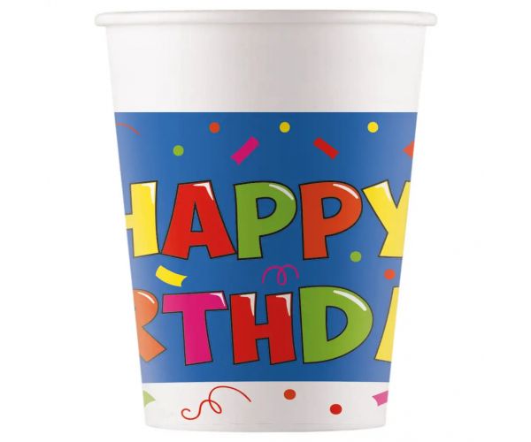 Kékfehér alapú szülinapi "Happy Birthday" feliratú papírpohár 8db-os szett 200ml
