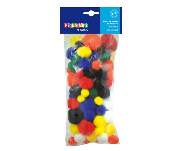 PlayBox: Pomponi u osnovnim bojama, 100 komada, 15-35 mm