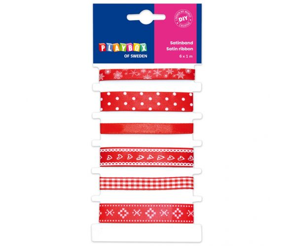 PlayBox: Set crvenih satenskih traka s različitim uzorcima, 6 komada, 1m