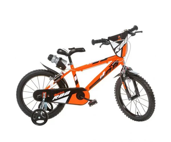 R88 16” gyerek bicikli kulacstartóval és oldalkerekekkel narancssárga-fekete színben – Dino Bikes kerékpár