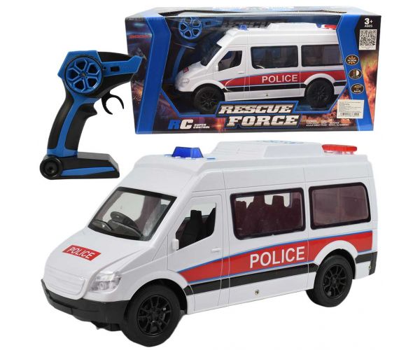 RC daljinski upravljač Bijeli policijski minibus sa svjetlosnim efektima 2,4 GHz 1/12 omjer 30 cm