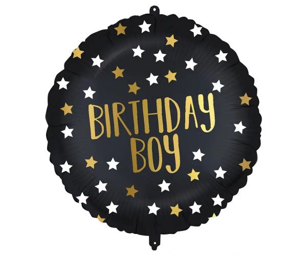 Szülinapi fólia lufi – "Birthday Boy" felirattal, fekete-arany csillagos 46cm