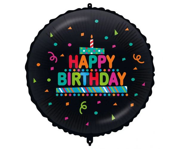 Szülinapi fólia lufi – „Happy Birthday” felirattal, tortás-konfettis, fekete alapon 46cm