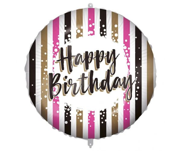 Szülinapi fólia lufi – „Happy Birthday” felirattal, arany-fekete-rózsaszín csíkos design 46cm