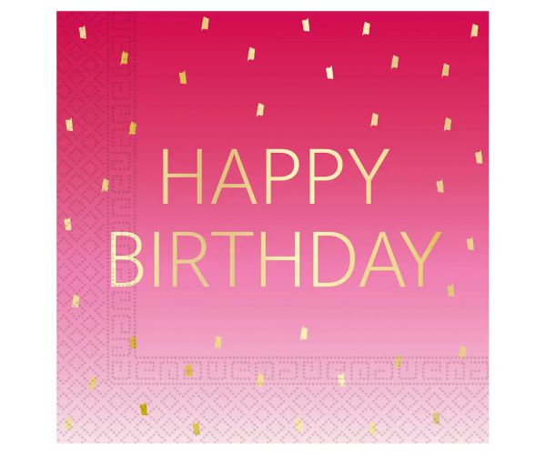 Rózsaszín színű szülinapi "Happy Birthday" feliratú 2 rétegű papírszalvéta 20db-os csomag