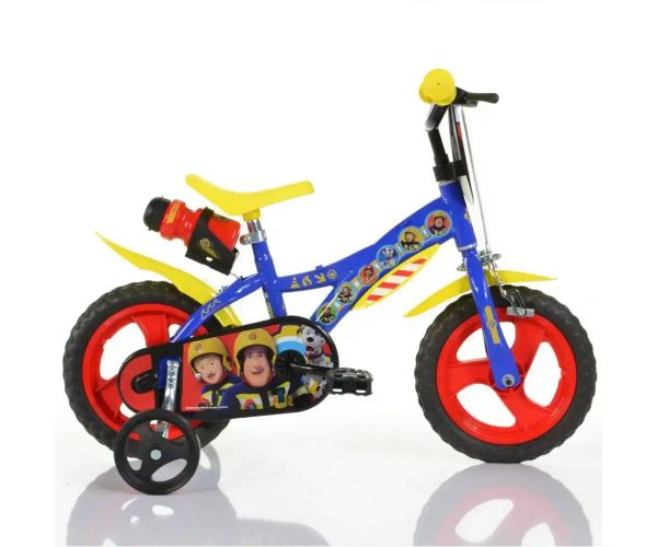 Sam, a tűzoltó 12” gyerek bicikli kulacstartóval és oldalkerekekkel kék-sárga színben – Dino Bikes kerékpár