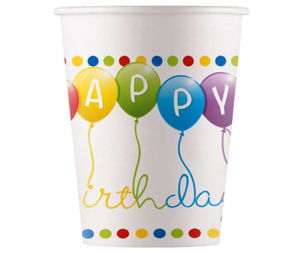 Színes lufis szülinapi "Happy Birthday" feliratú papírpohár 200 ml 8db-os szett
