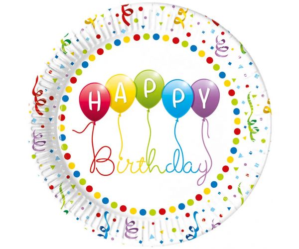 Színes szülinapos „Happy Birthday” feliratú papírtányér 8db-os szett