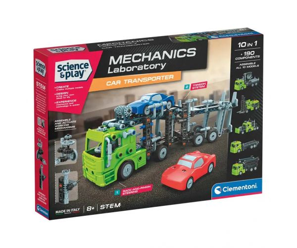 Science & Play: Mechanikai műhely - Kétszintes autószállító építőkészlet - Clementoni