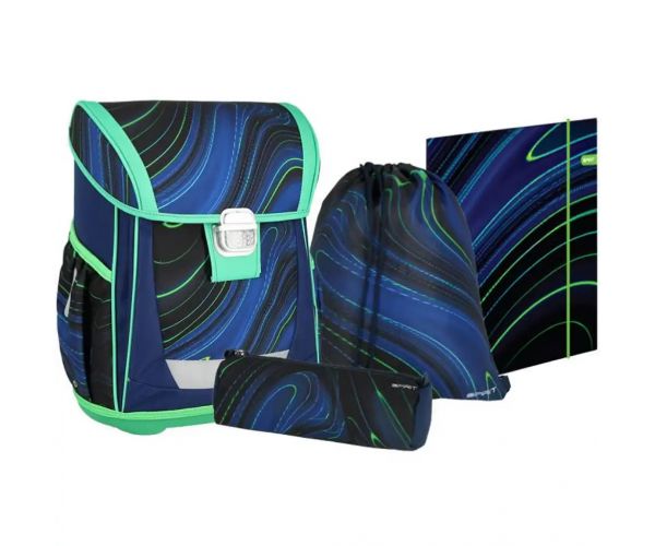 Spirit: Blue Stripes plavo-zelene pruge na crnoj podlozi školska torba, ruksak set od 4 komada 41x20x32cm