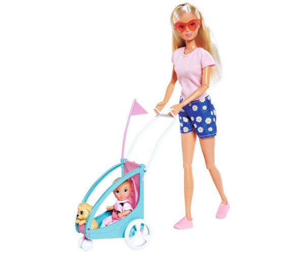 Steffi Love: Biciklistica Steffi lutka s dječjom prikolicom - Simba Toys