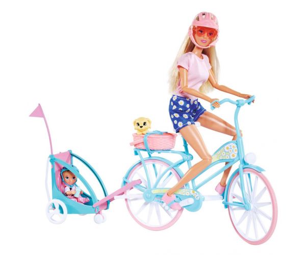 Steffi Love: Biciklistica Steffi lutka s dječjom prikolicom - Simba Toys