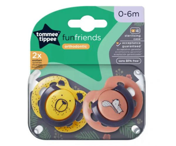 Tommee Tippee: FunFriends 2 db-os ortodontikus cumi szett több változatban (0–6 hó)