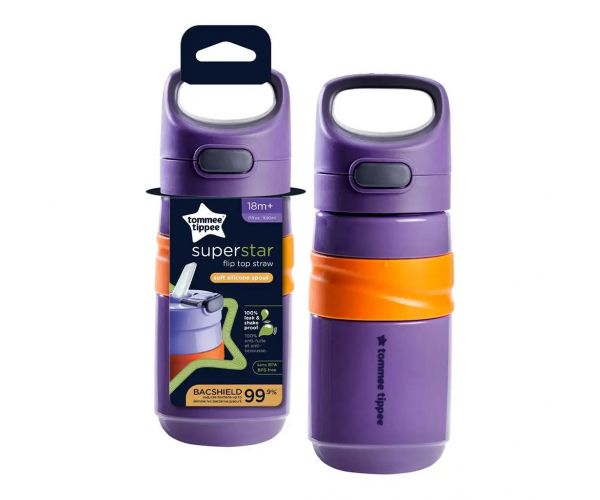Tommee Tippee: Superstar Flip top straw Itatópohár szívószállal lila színben 500ml (18 hó+)